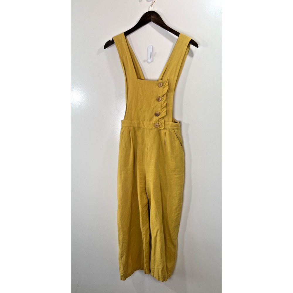 Zara Women’s Linen Overalls Size XS Yellow Marigold Ruffles Wood Buttons Cottage